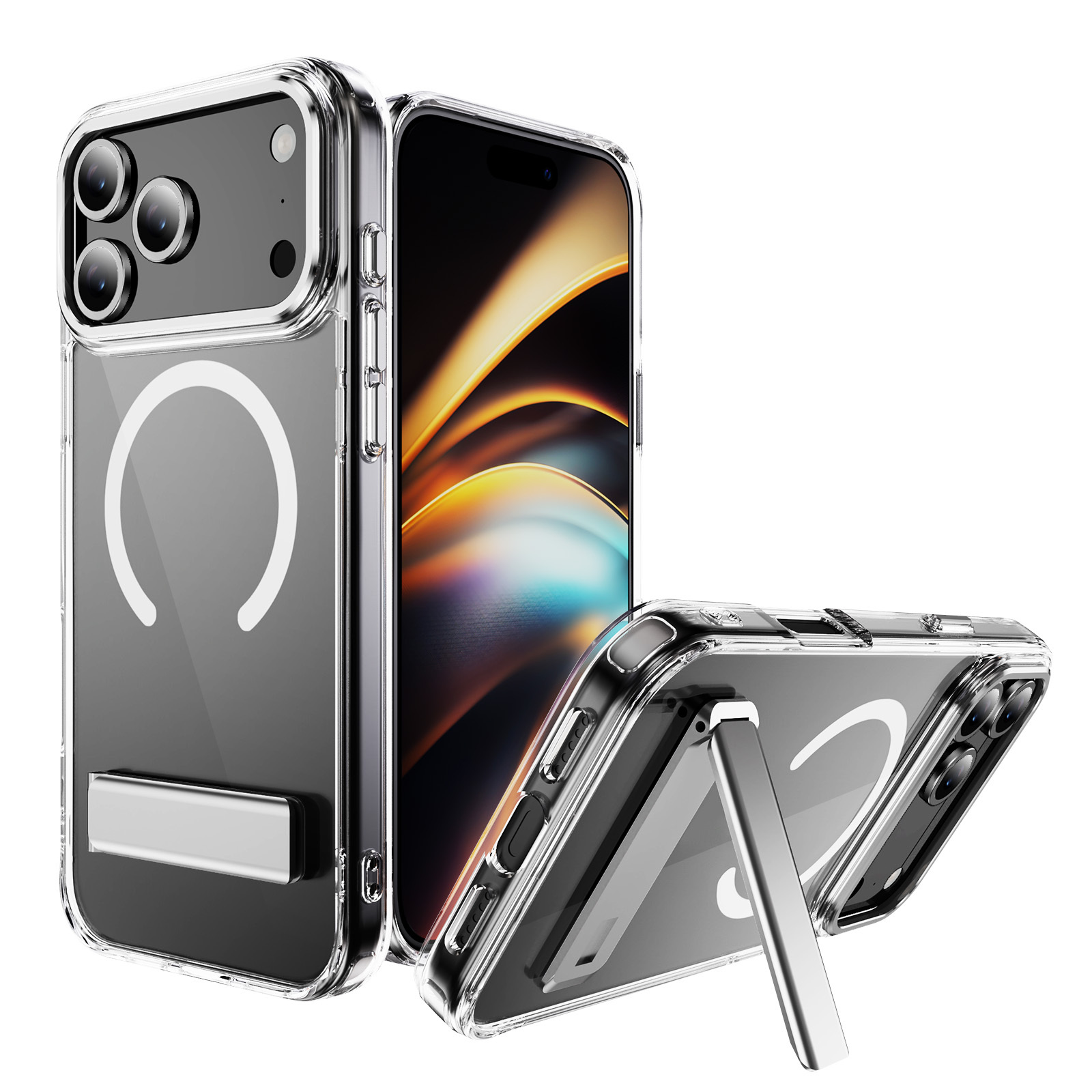Transparent Magnetic Case  with Bracket High Quality Anti-yellowing Shockproof Clear  Case  TPU + Acrylic Case for IP17 PRO MAX