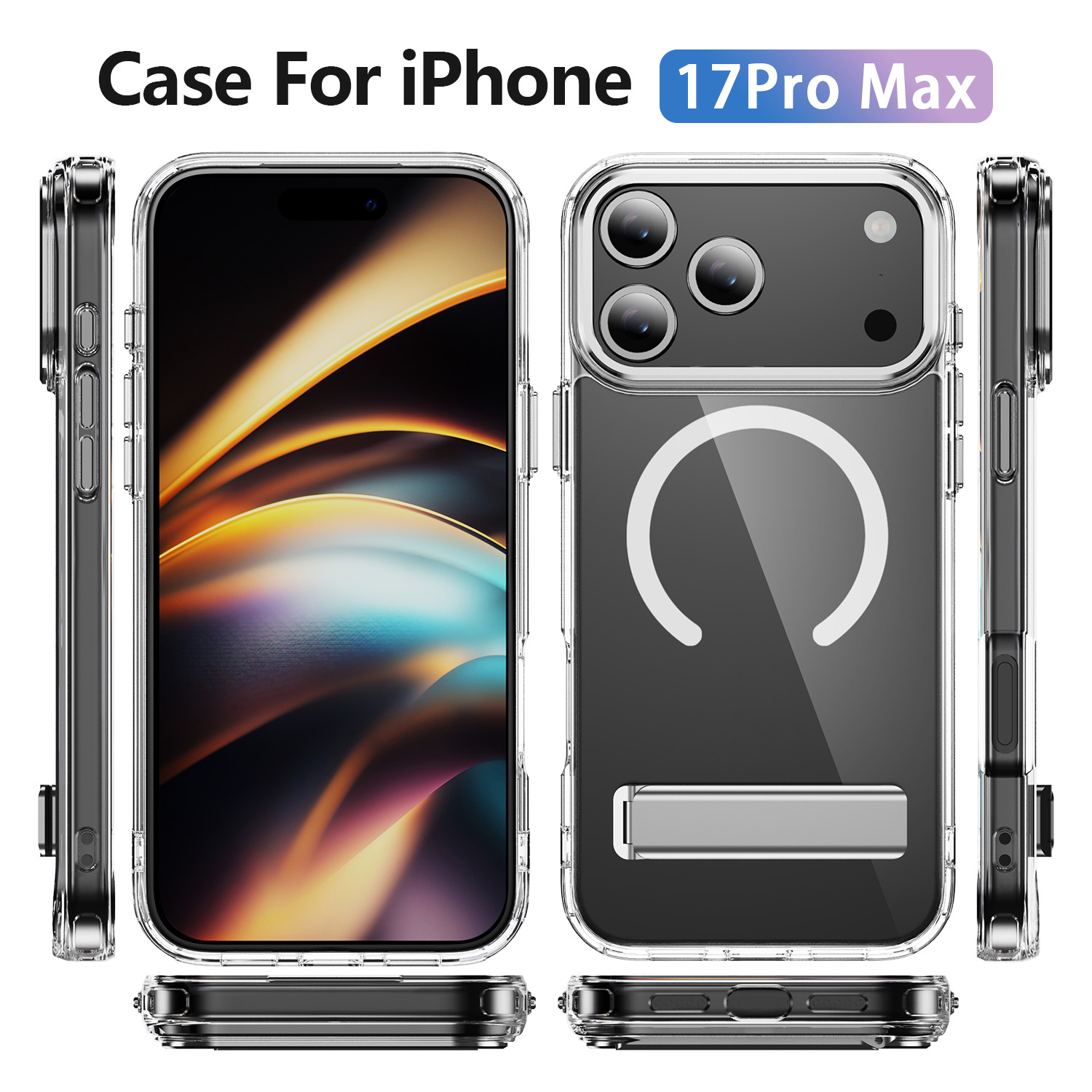 Transparent Magnetic Case  with Bracket High Quality Anti-yellowing Shockproof Clear  Case  TPU + Acrylic Case for IP17 PRO MAX