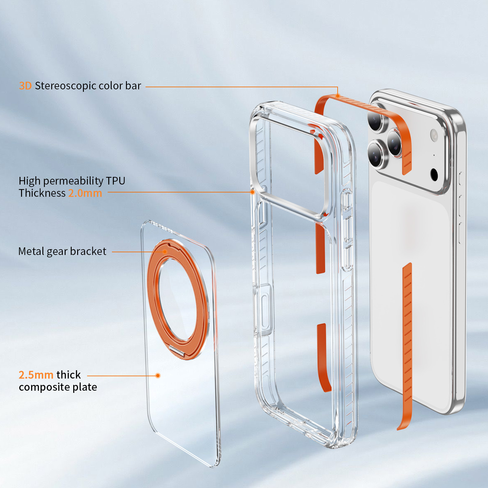 Transparent Gear Bracket Case with Colorful Stripes Side Anti-yellowing Shockproof Case Acrylic + TPU Case for IP17 Pro Max