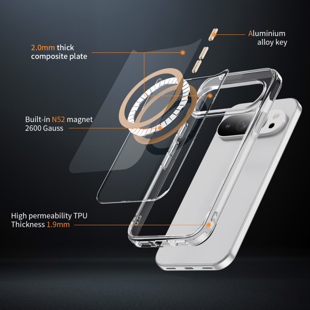 Strong Magnetic Clear Case with Metal Button High-quality Anti-yellowing Transparent Shockproof Case TPU + PC Case for pixel 10