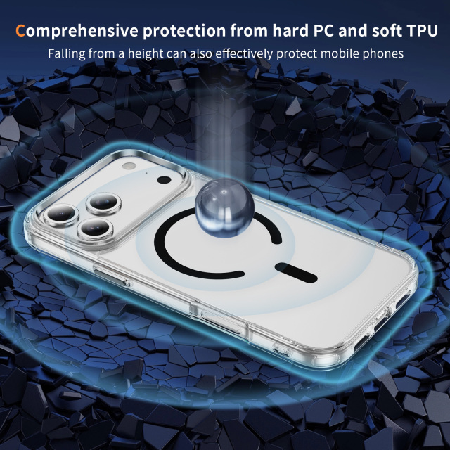 Transparent Strong Magnetic  Case with  Metal Button  High-quality Anti-yellowing Shockproof Case TPU + PC Case for IP17 PRO MAX