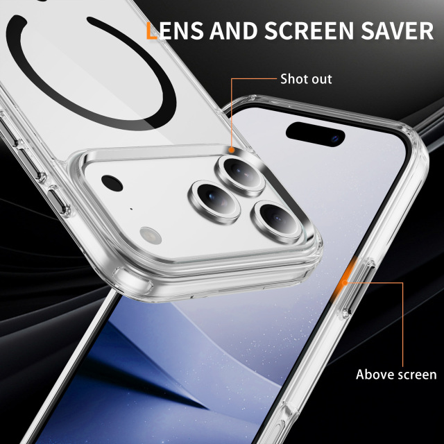 Transparent Strong Magnetic  Case with  Metal Button  High-quality Anti-yellowing Shockproof Case TPU + PC Case for IP17 PRO MAX