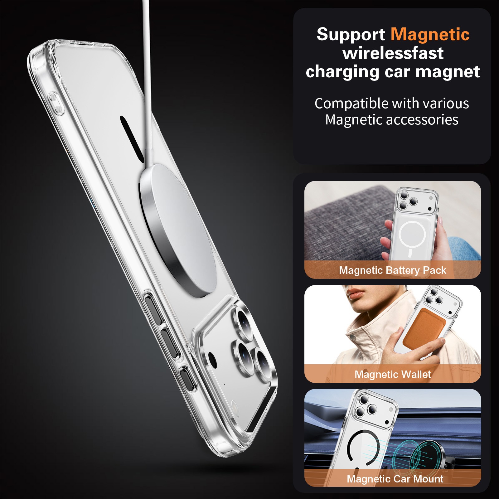Transparent Strong Magnetic  Case with  Metal Button  High-quality Anti-yellowing Shockproof Case TPU + PC Case for IP17 PRO MAX