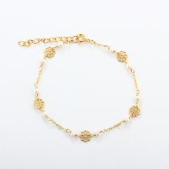 Gold-Tone 925 Silver Filigree Flower & Pearl Station Bracelet