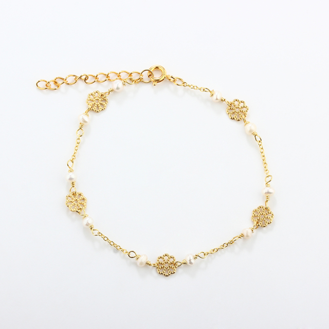 Gold-Tone 925 Silver Filigree Flower & Pearl Station Bracelet