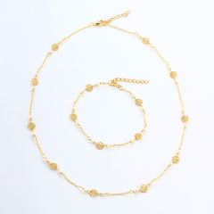 Gold-Tone 925 Silver Filigree Flower & Pearl Station Bracelet