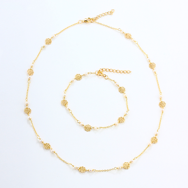 Gold-Tone 925 Silver Filigree Flower & Pearl Station Bracelet