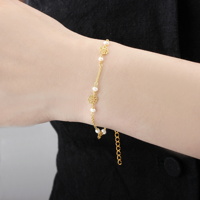 Gold-Tone 925 Silver Filigree Flower & Pearl Station Bracelet
