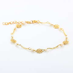 Gold-Tone 925 Silver Filigree Flower & Pearl Station Bracelet