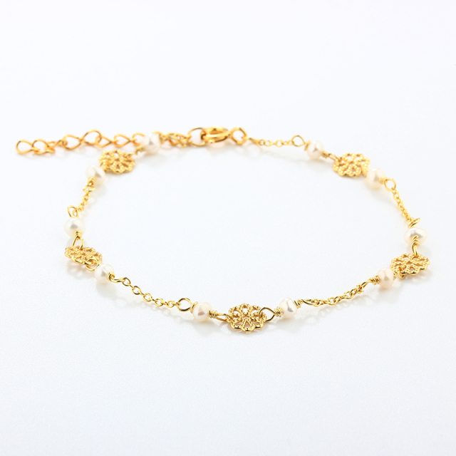 Gold-Tone 925 Silver Filigree Flower & Pearl Station Bracelet
