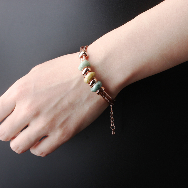 Rose Gold-Tone Metal Three Colourful Beads Woven Bracelet