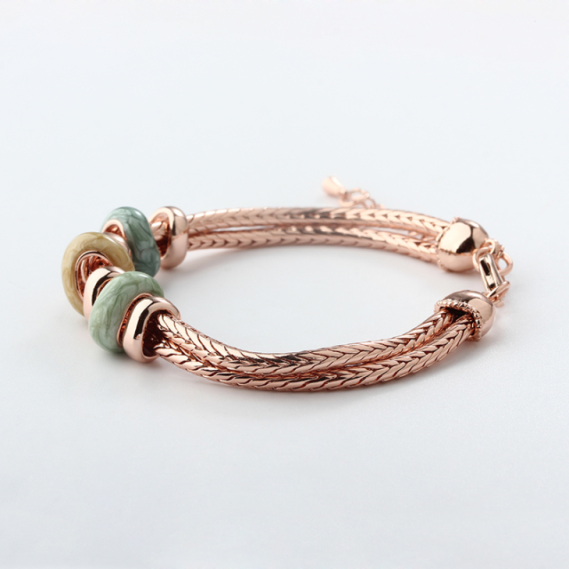 Rose Gold-Tone Metal Three Colourful Beads Woven Bracelet
