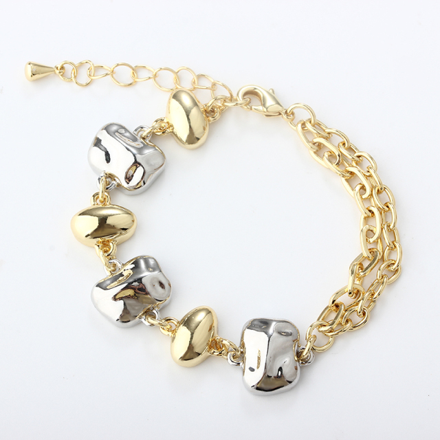 Two Tones Color  Metal Hammered Surface Irregular Geometry Bracelet
