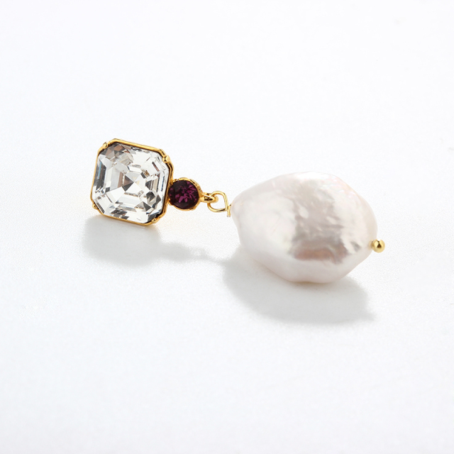 925 Sterling Silver Baroque & Square Crystal Earring Studs