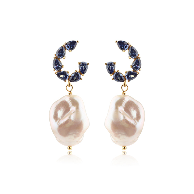 925 Sterling Silver Baroque & Multi CZs Earring Studs