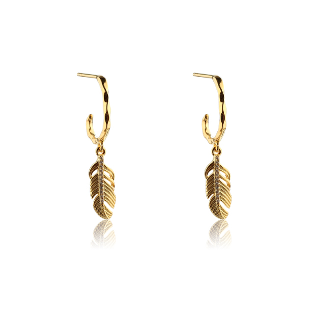 925 Sterling Silver Feather Charm & CZ Earring Studs
