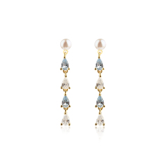 925 Sterling Silver Round Pearl & Pear Shaped CZ Earring Stubs