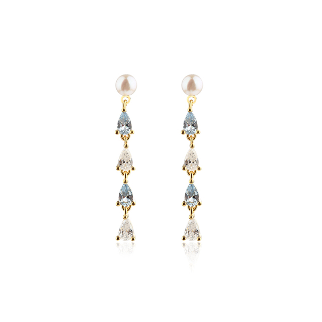 925 Sterling Silver Round Pearl & Pear Shaped CZ Earring Stubs