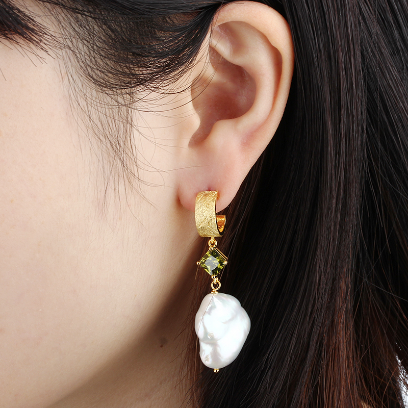 925 Sterling Silver Square CZ and Baroque Pearl Hoop Earrings