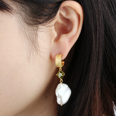 925 Sterling Silver Square CZ and Baroque Pearl Hoop Earrings