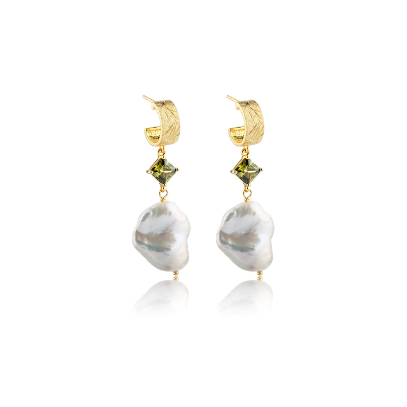 925 Sterling Silver Square CZ and Baroque Pearl Hoop Earrings
