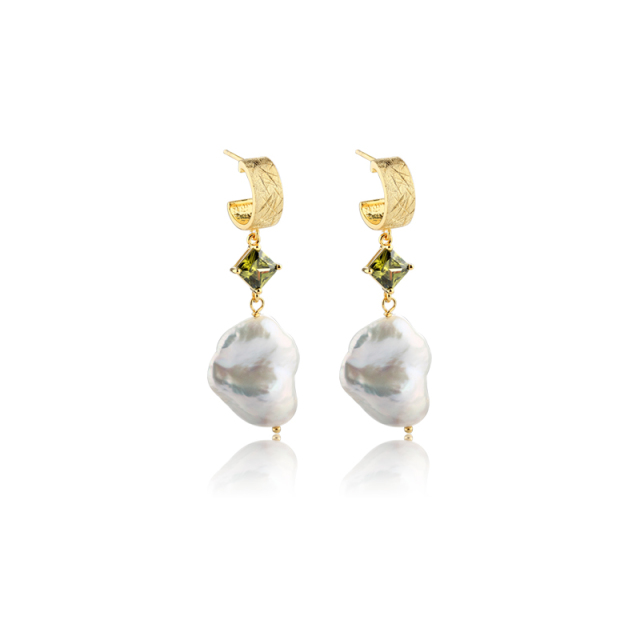 925 Sterling Silver Square CZ and Baroque Pearl Hoop Earrings