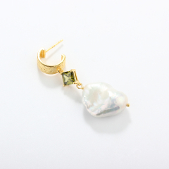 925 Sterling Silver Square CZ and Baroque Pearl Hoop Earrings