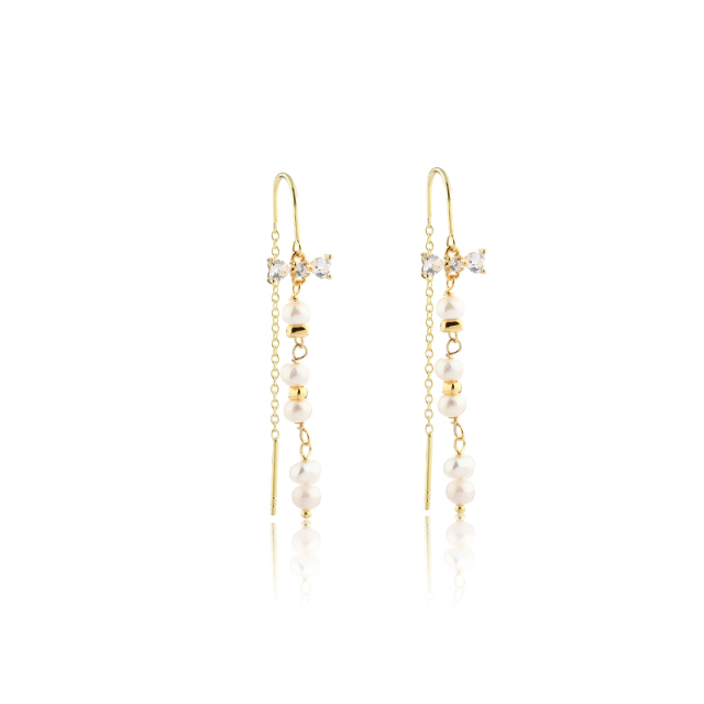 925 Sterling Silver Bow CZ & Pearl Threader Earrings