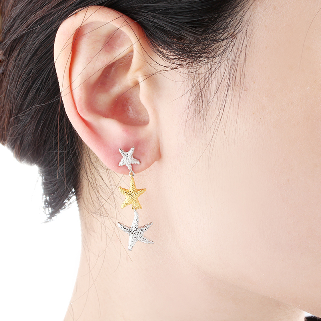 925 Sterling Silver Hammered Ocean Starfish Earrings Studs