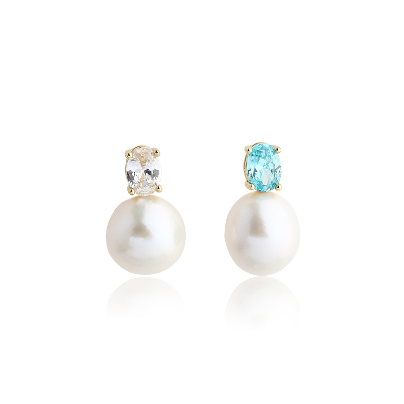 925 Sterling Silver Oval CZ & Pearl Stud Earrings