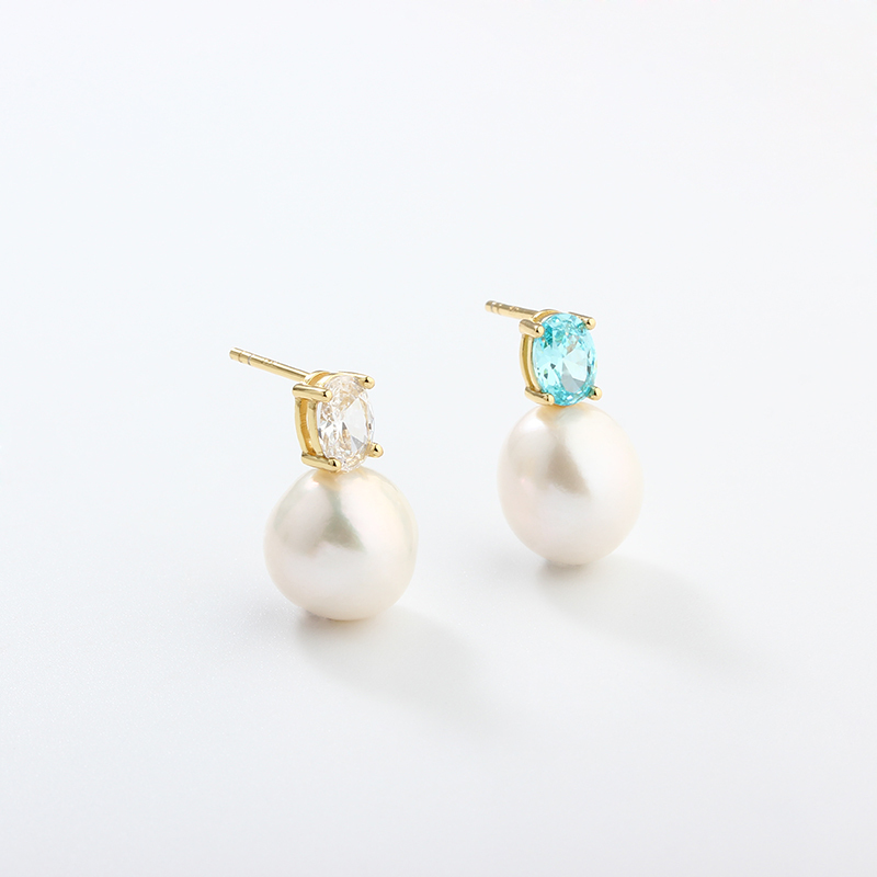 925 Sterling Silver Oval CZ & Pearl Stud Earrings