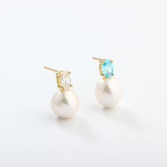 925 Sterling Silver Oval CZ & Pearl Stud Earrings
