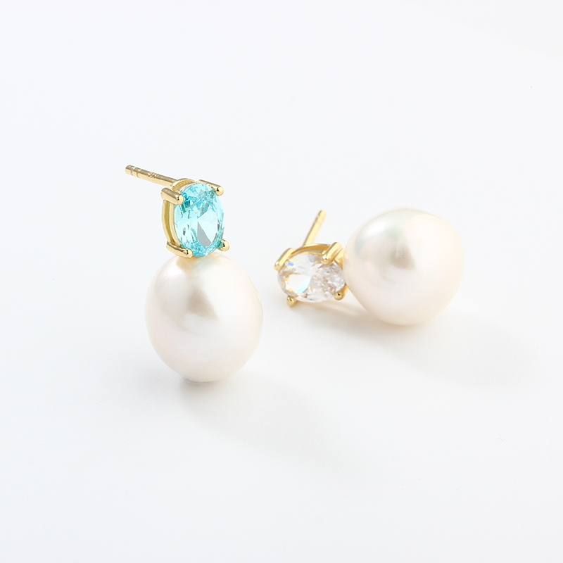 925 Sterling Silver Oval CZ & Pearl Stud Earrings