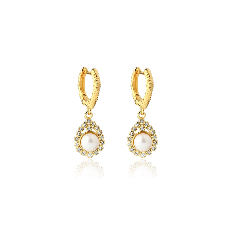 925 Sterling Silver Hammered Pearl Hoop Earrings