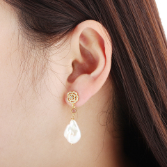 925 Sterling Silver Rose Flower Baroque Pearl Earrings Studs