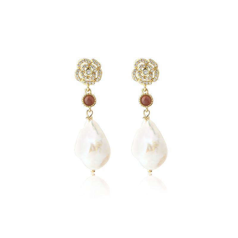 925 Sterling Silver Rose Flower Baroque Pearl Earrings Studs