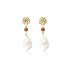 925 Sterling Silver Rose Flower Baroque Pearl Earrings Studs