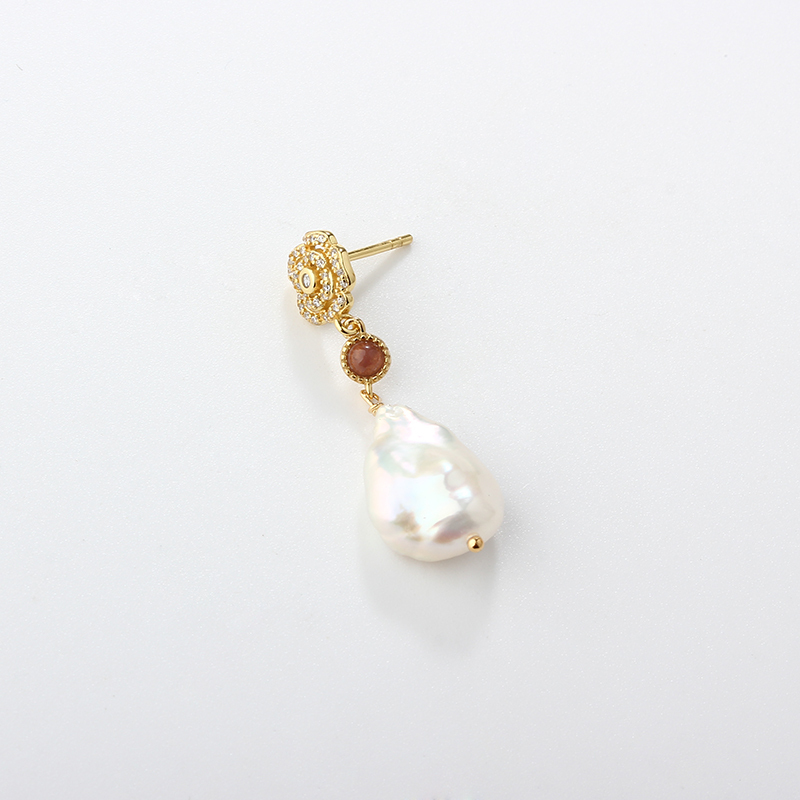 925 Sterling Silver Rose Flower Baroque Pearl Earrings Studs