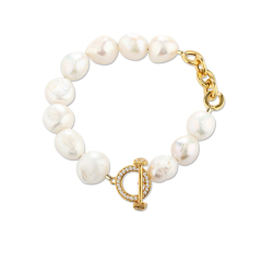 925 Sterling Silver Baroque Pearl Toggle Clasp Bracelet with Pavé Crystals