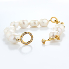 925 Sterling Silver Baroque Pearl Toggle Clasp Bracelet with Pavé Crystals