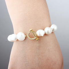 925 Sterling Silver Baroque Pearl Toggle Clasp Bracelet with Pavé Crystals