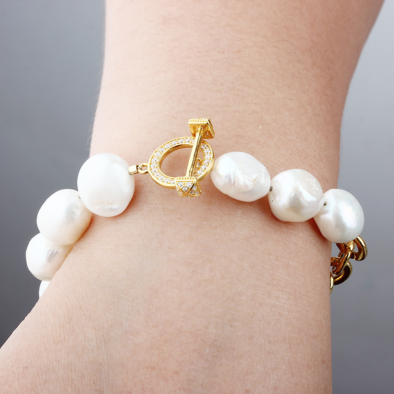 925 Sterling Silver Baroque Pearl Toggle Clasp Bracelet with Pavé Crystals