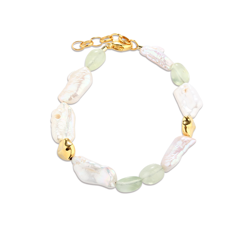 925 Sterling Silver Baroque Pearl & Prehnite Color-Block Bracelet