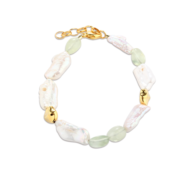 925 Sterling Silver Baroque Pearl & Prehnite Color-Block Bracelet