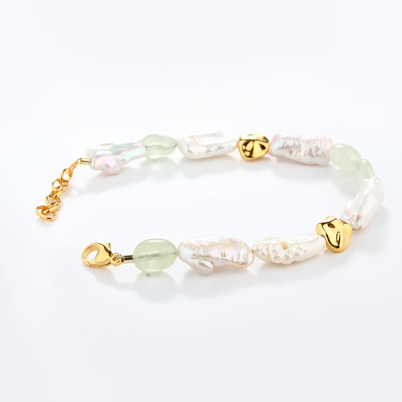 925 Sterling Silver Baroque Pearl & Prehnite Color-Block Bracelet