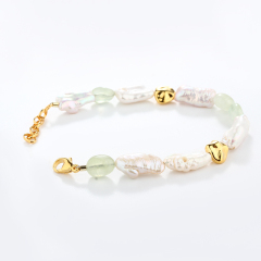 925 Sterling Silver Baroque Pearl & Prehnite Color-Block Bracelet