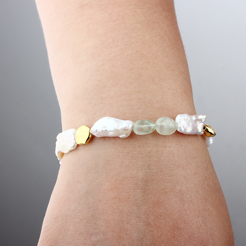925 Sterling Silver Baroque Pearl & Prehnite Color-Block Bracelet