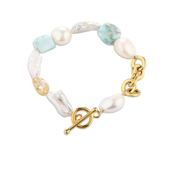 925 Sterling Silver Baroque Pearl & Larimar Color-Block Toggle Clasp Bracelet