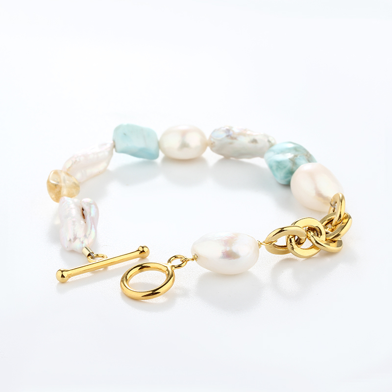 925 Sterling Silver Baroque Pearl & Larimar Color-Block Toggle Clasp Bracelet