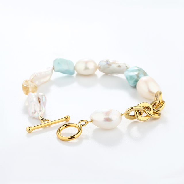 925 Sterling Silver Baroque Pearl & Larimar Color-Block Toggle Clasp Bracelet